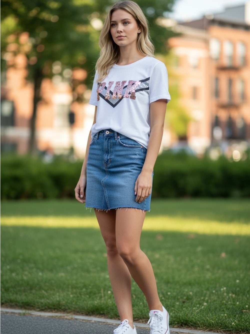 PINK Victoria’s Secret White Sequin Chevron Bling T-Shirt - Size M